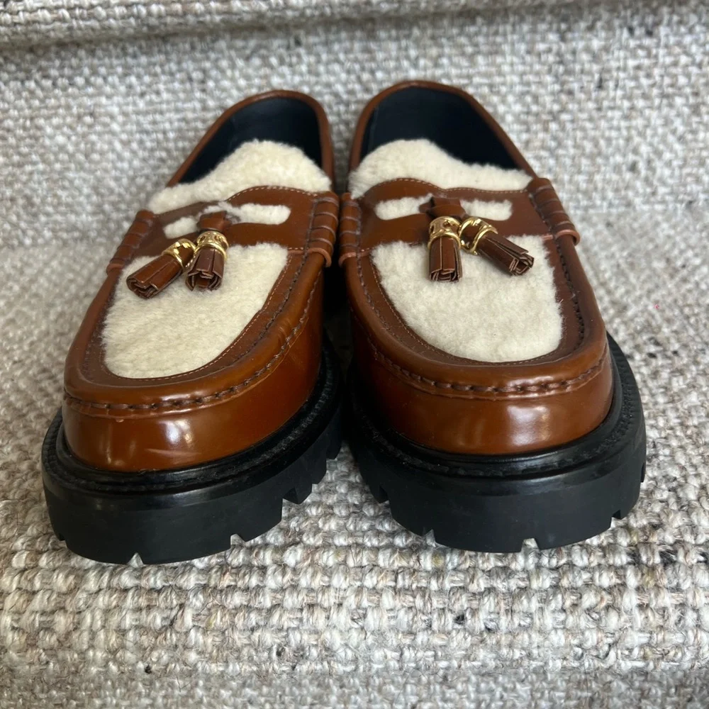 Celine Margaret Triomphe Tan Leather Shearling Loafers with Tassel 38 - Picture 6 of 7